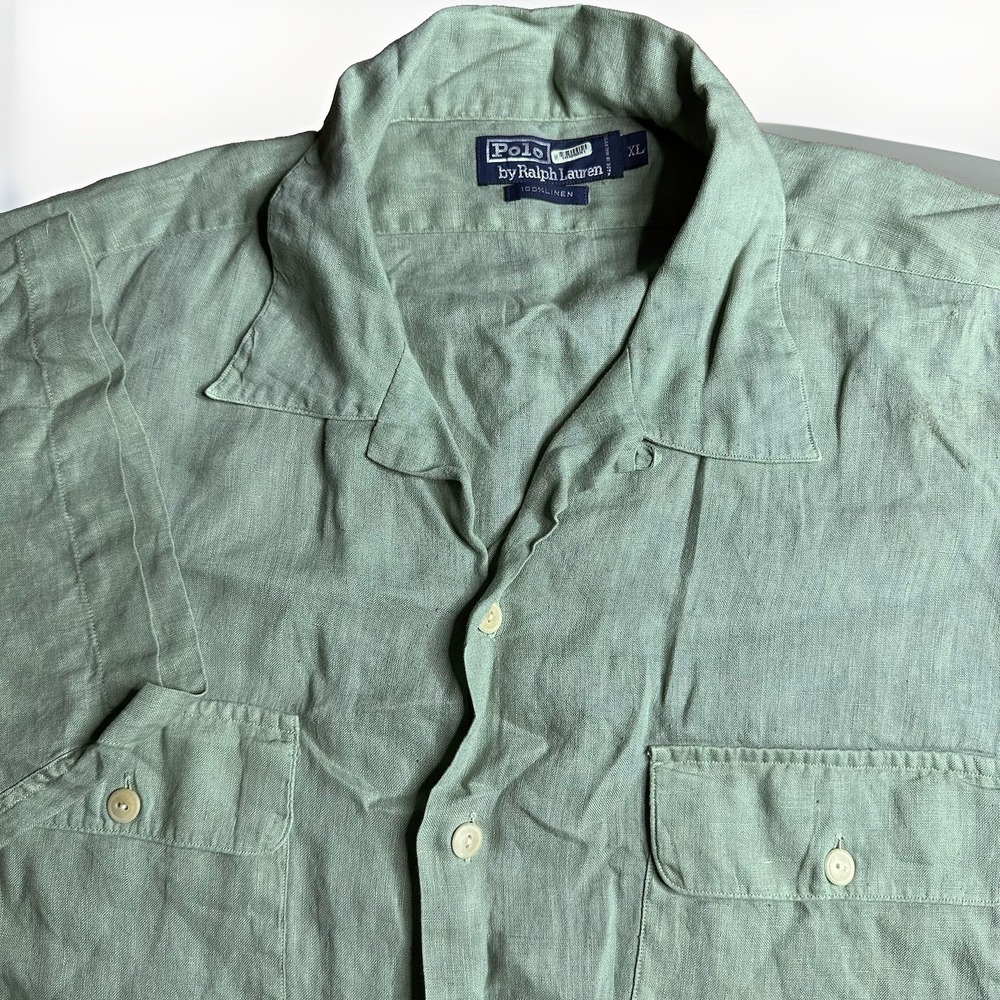 Vintage Polo Ralph Lauren 100% Linen Camp Loop Collar Shirt Mens XL Green READ